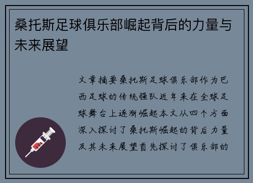 桑托斯足球俱乐部崛起背后的力量与未来展望